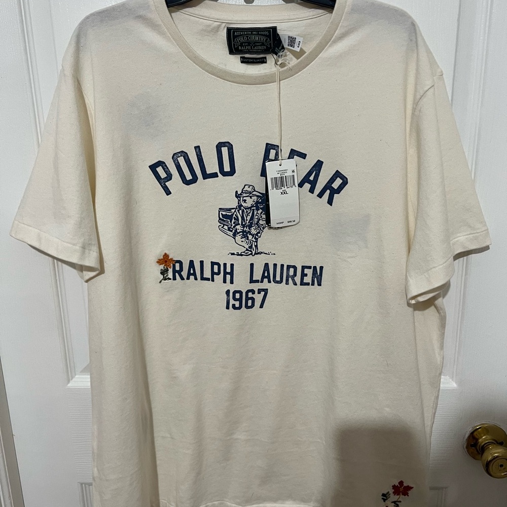 Ralph Lauren Polo Country Expedition Cream Polo Bear Men's Shirt XXL Slim Fit
